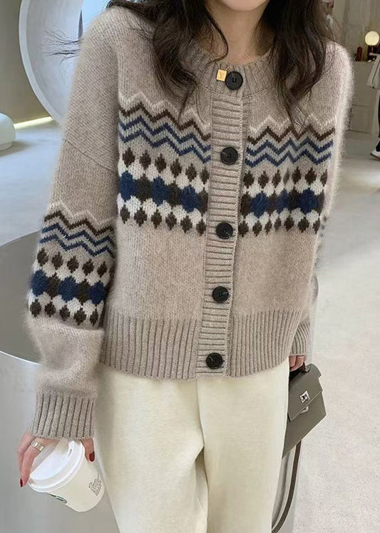 Fashion Apricot O Neck Jacquard Button Knit Cardigans Spring