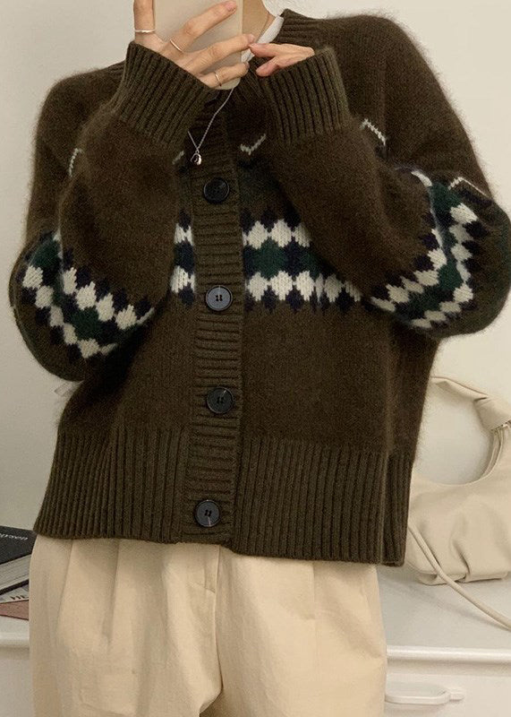 Fashion Apricot O Neck Jacquard Button Knit Cardigans Spring