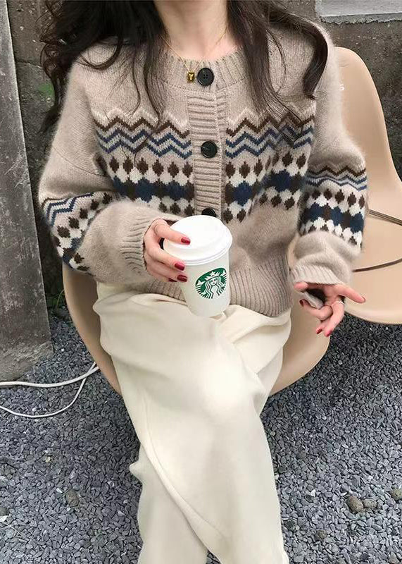 Fashion Apricot O Neck Jacquard Button Knit Cardigans Spring