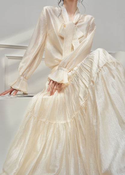 Fashion Apricot Petal Sleeve Shirts And Skirts Silk Two Pieces Set Spring