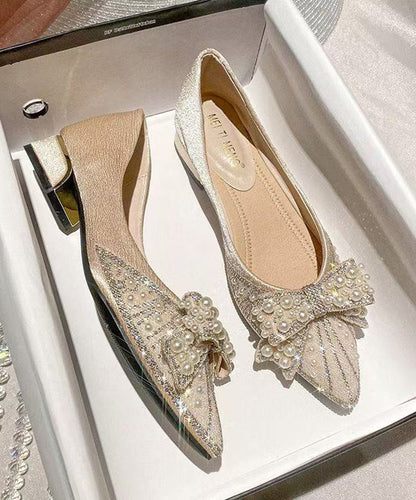 Fashion Apricot Pointed Toe Bow Pearl Zircon Low Heel Pumps