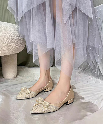 Fashion Apricot Pointed Toe Bow Pearl Zircon Low Heel Pumps