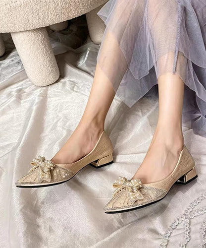 Fashion Apricot Pointed Toe Bow Pearl Zircon Low Heel Pumps