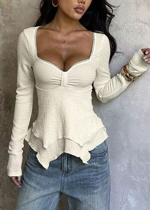 Fashion Apricot V Neck Ruffled Patchwork Cotton Top Long Sleeve