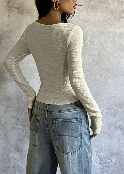 Fashion Apricot V Neck Ruffled Patchwork Cotton Top Long Sleeve
