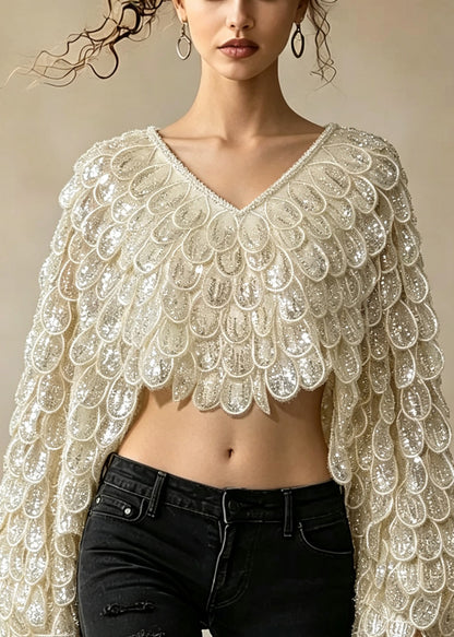 Fashion Apricot V Neck Sequins Embroidered Tulle Cape Tops Fall