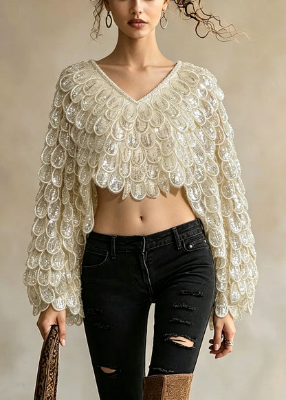 Fashion Apricot V Neck Sequins Embroidered Tulle Cape Tops Fall