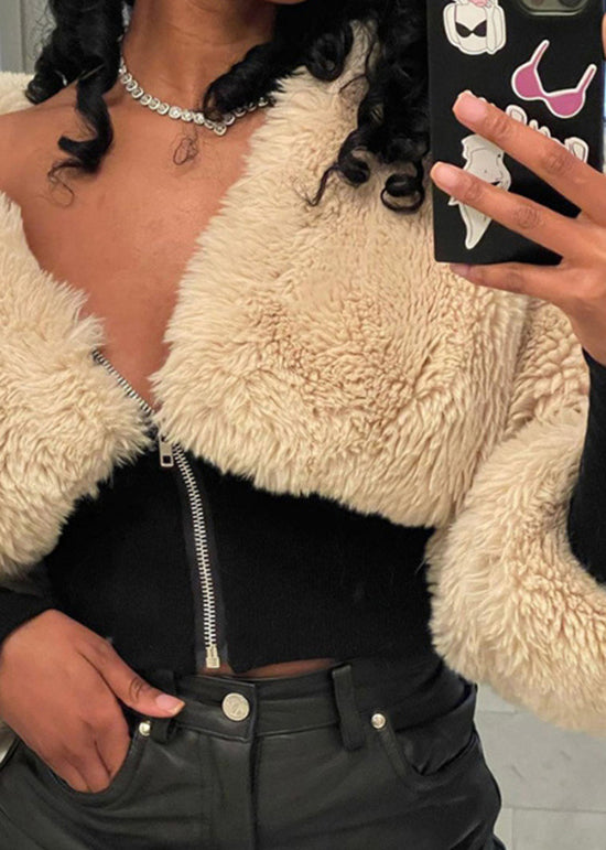 Fashion Apricot Zip Up Patchwork Faux Fur Jacket Fall