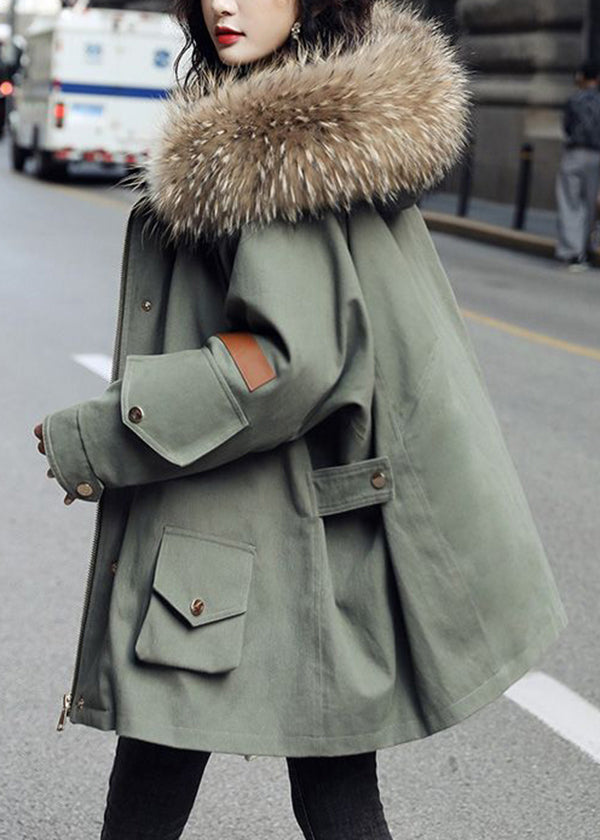 Fashion Army Green Zip Up Fur Collar cotton Puffer blend Parka Jacket Winter