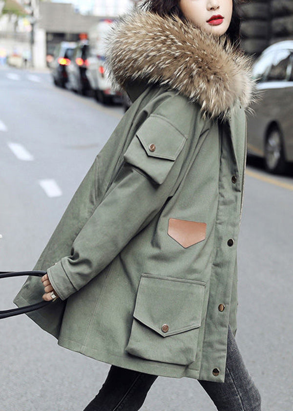 Fashion Army Green Zip Up Fur Collar cotton Puffer blend Parka Jacket Winter