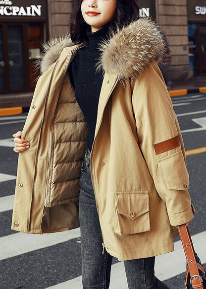 Fashion Army Green Zip Up Fur Collar cotton Puffer blend Parka Jacket Winter