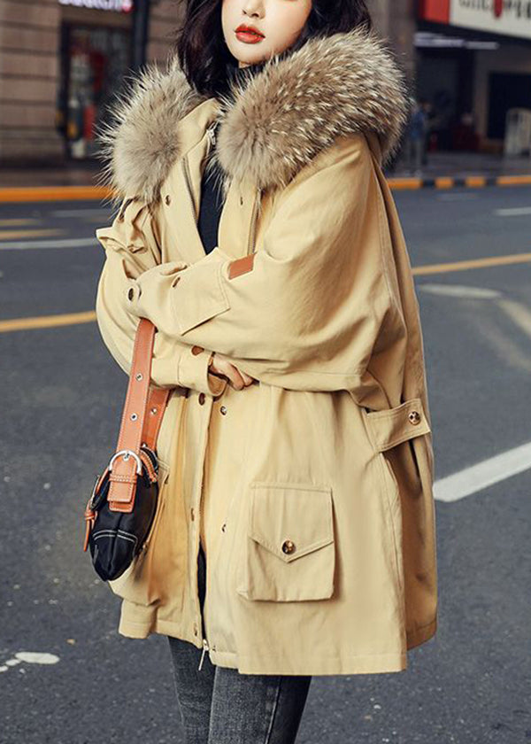Fashion Army Green Zip Up Fur Collar cotton Puffer blend Parka Jacket Winter