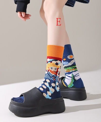 Fashion Asymmetrical Design Jacquard Combed Cotton Mid Calf Socks