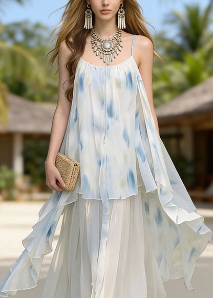 Fashion Asymmetrical Tie Dye Chiffon Spaghetti Strap Dress Summer
