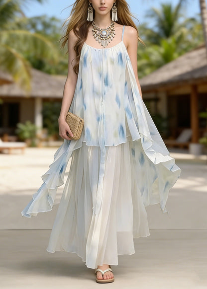 Fashion Asymmetrical Tie Dye Chiffon Spaghetti Strap Dress Summer