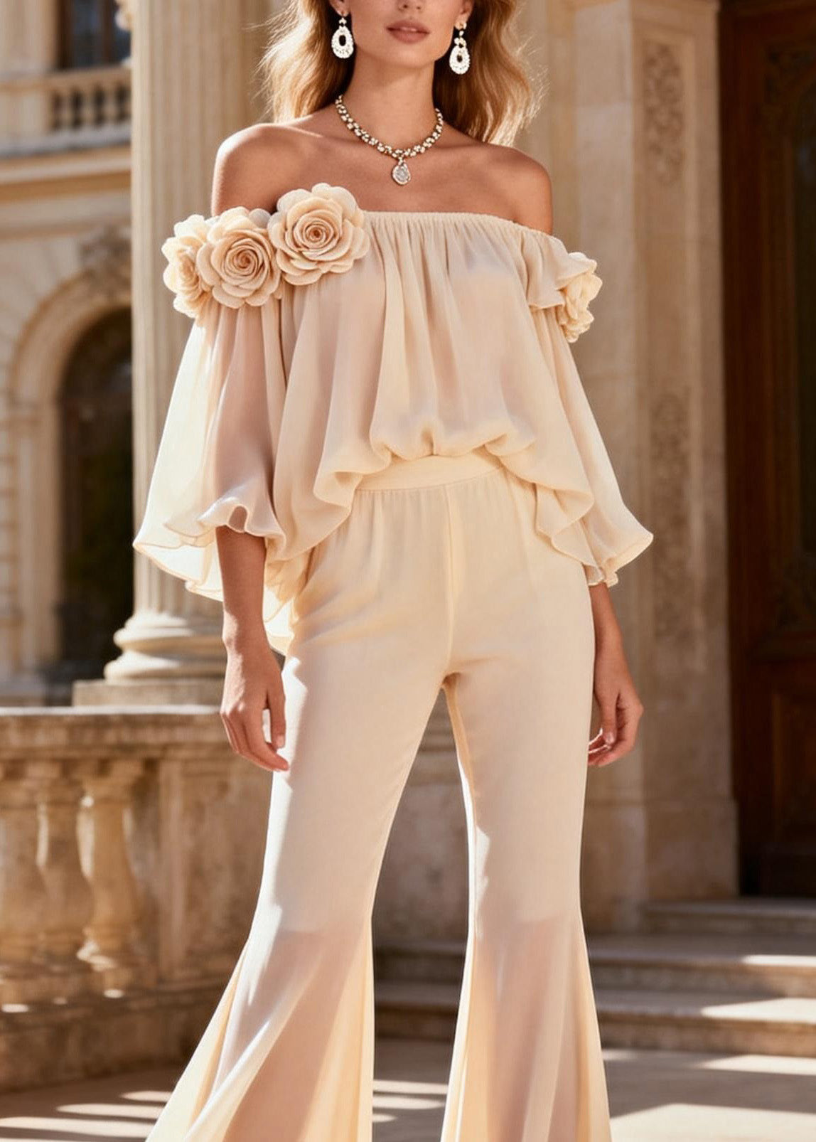 Fashion Beige Cold Shoulder Floral Silk Two Pieces Set Summer
