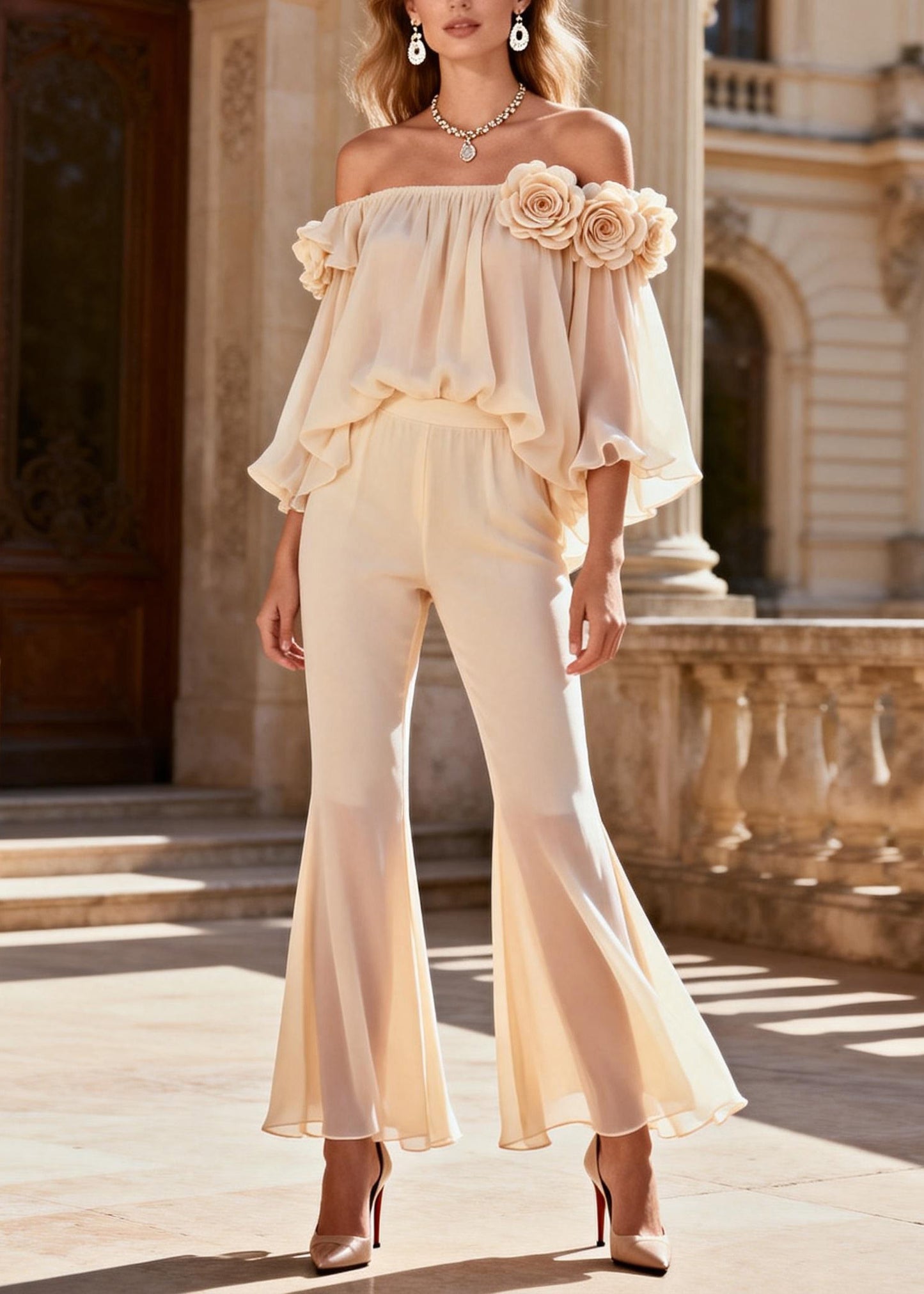 Fashion Beige Cold Shoulder Floral Silk Two Pieces Set Summer