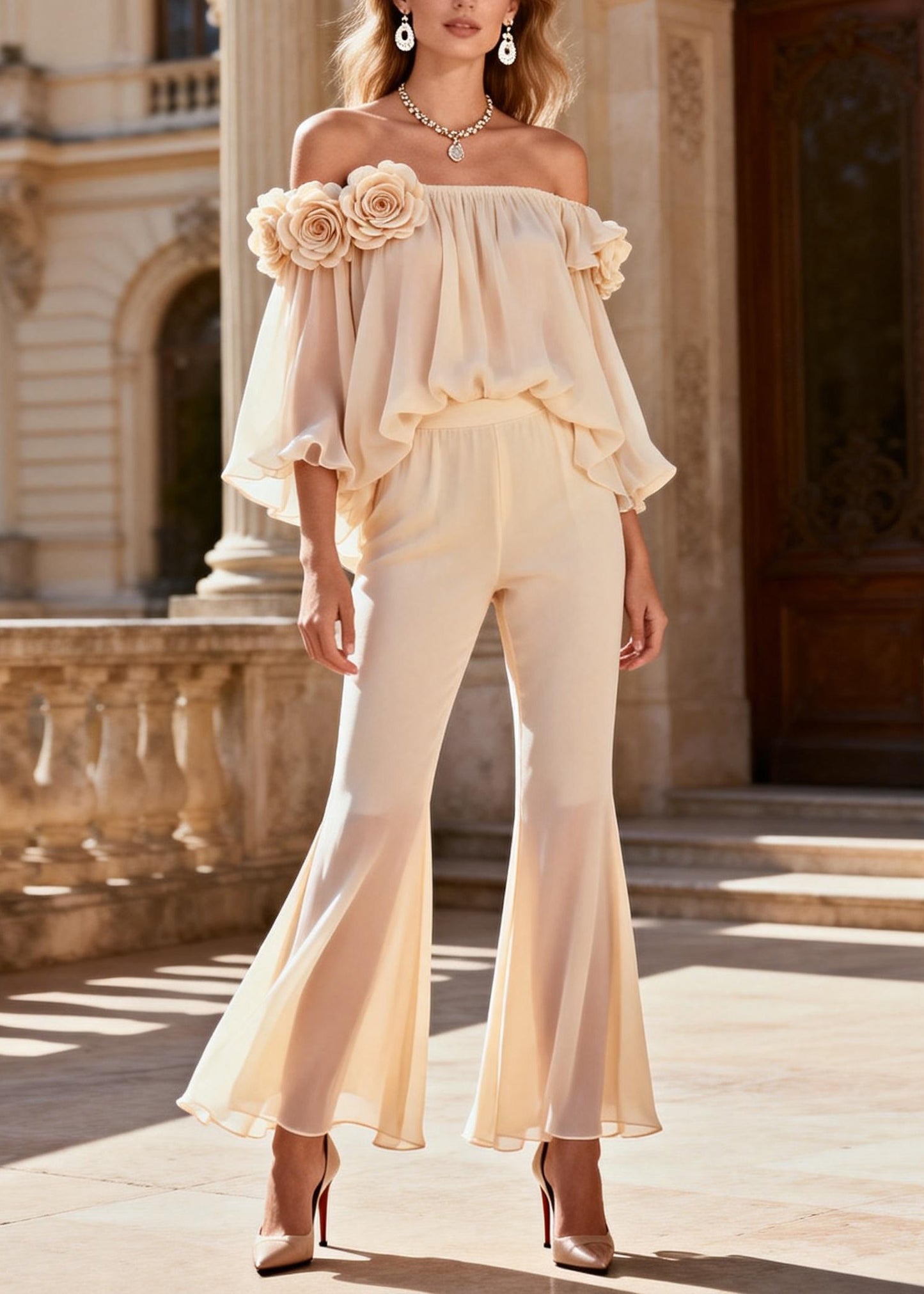 Fashion Beige Cold Shoulder Floral Silk Two Pieces Set Summer