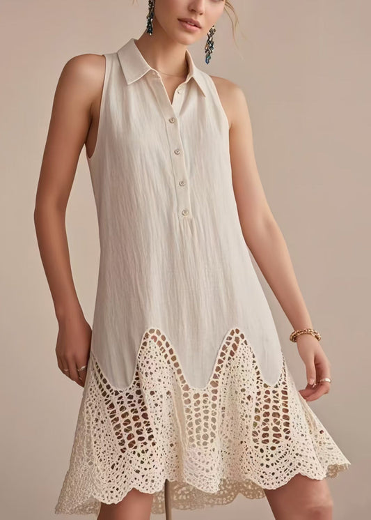 Fashion Beige Cold Shoulder Patchwork Lace Day Dress Sleeveless