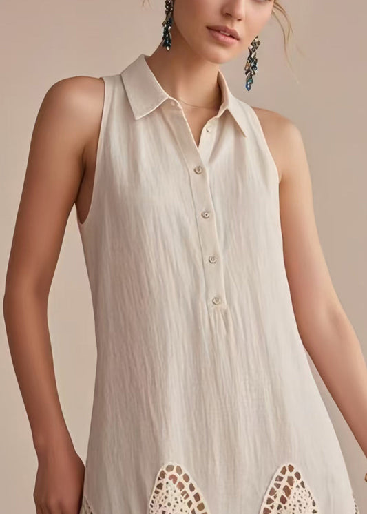 Fashion Beige Cold Shoulder Patchwork Lace Day Dress Sleeveless