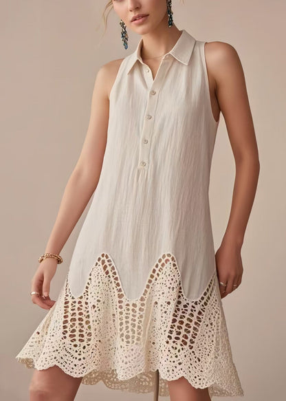 Fashion Beige Cold Shoulder Patchwork Lace Day Dress Sleeveless