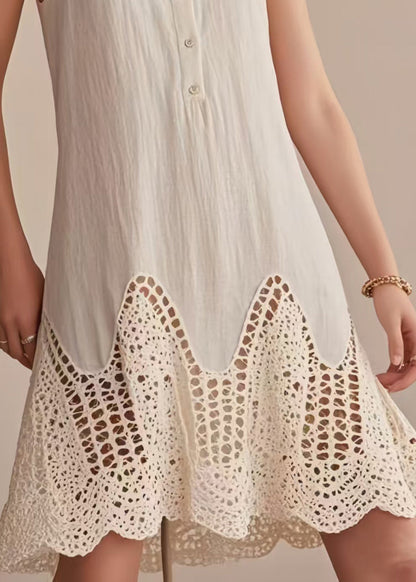 Fashion Beige Cold Shoulder Patchwork Lace Day Dress Sleeveless