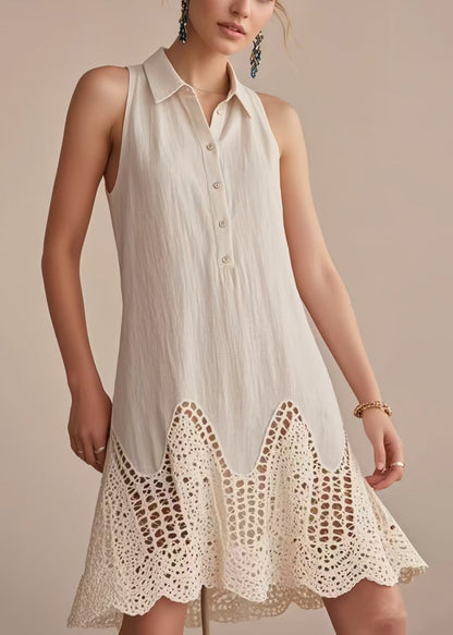 Fashion Beige Cold Shoulder Patchwork Lace Day Dress Sleeveless