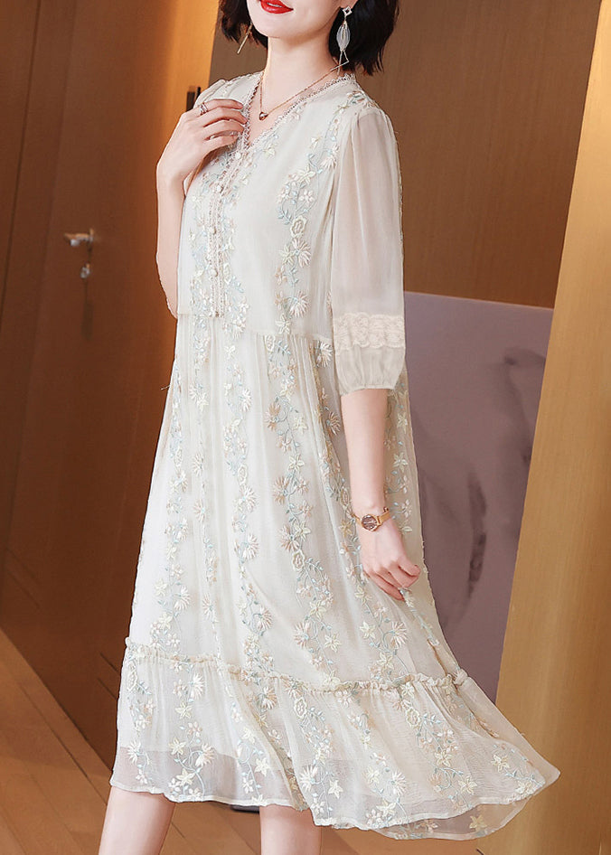Fashion Beige Embroidered Lace Ruffled Silk Dresses Half Sleeve