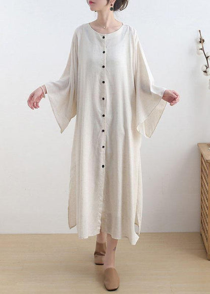 Fashion Beige O-Neck Button Maxi Dresses Fall Cotton Dress - SooLinen