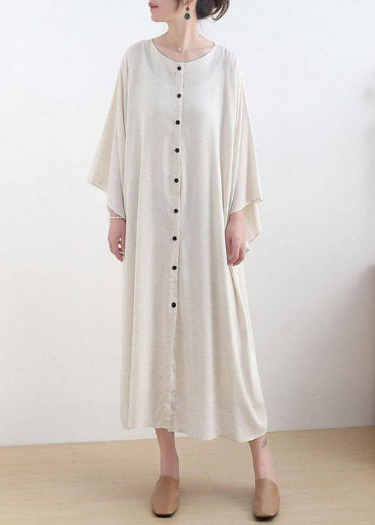 Fashion Beige O-Neck Button Maxi Dresses Fall Cotton Dress - SooLinen