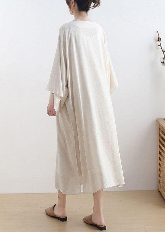 Fashion Beige O-Neck Button Maxi Dresses Fall Cotton Dress - SooLinen