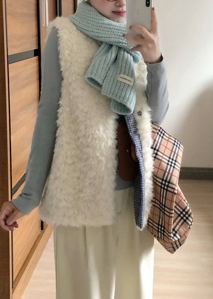 Fashion Beige O Neck Patchwork Faux Fur Vest Sleeveless