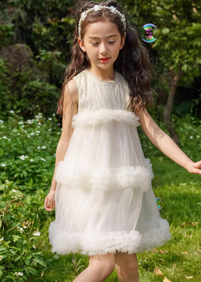 Fashion Beige O-Neck Patchwork Tulle Kids Mid Dresses Summer