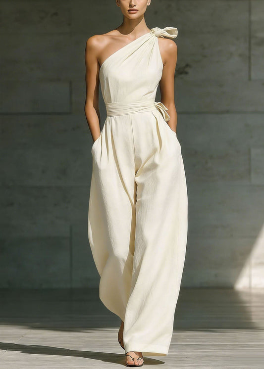 Fashion Beige One Shoulder Pockets Cotton Jumpsuit Sleeveless