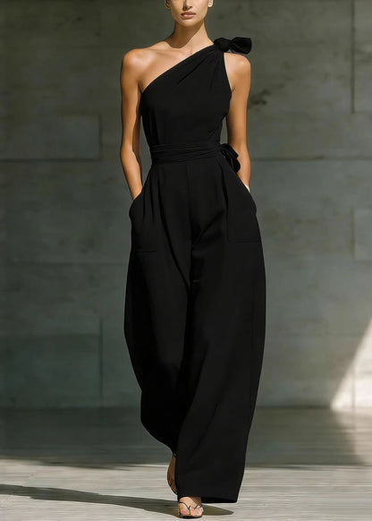 Fashion Beige One Shoulder Pockets Cotton Jumpsuit Sleeveless