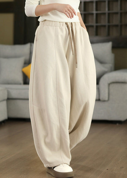 Fashion Beige Pockets Elastic Waist Thick Cotton Pants Fall