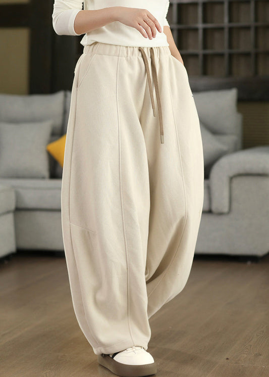 Fashion Beige Pockets Elastic Waist Thick Cotton Pants Fall