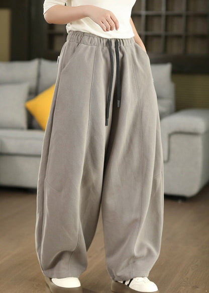 Fashion Beige Pockets Elastic Waist Thick Cotton Pants Fall