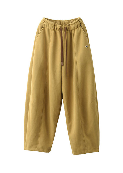 Fashion Beige Pockets Elastic Waist Thick Cotton Pants Fall