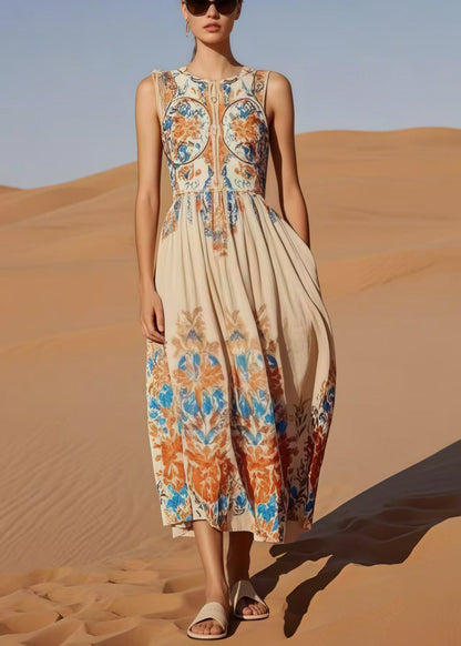 Fashion Beige Print Cotton Party Dress Sleeveless