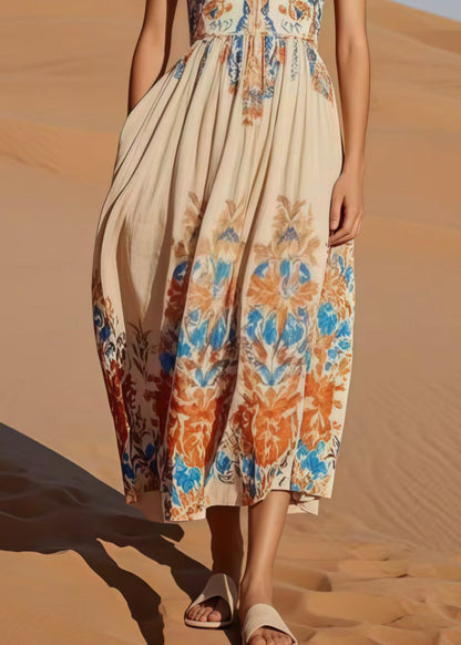 Fashion Beige Print Cotton Party Dress Sleeveless