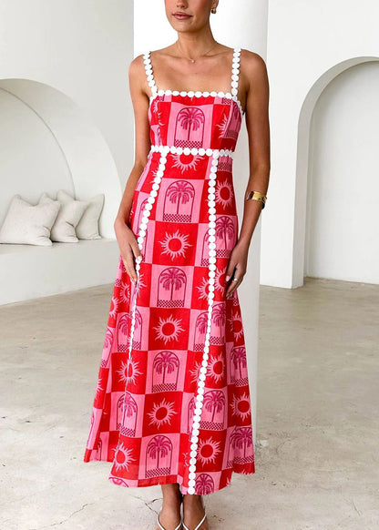 Fashion Beige Print Cotton Spaghetti Strap Dress Summer