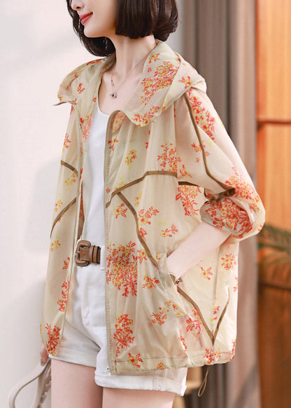 Fashion Beige Print Pockets Hoodie UPF 50+ Coat Jacket Spring