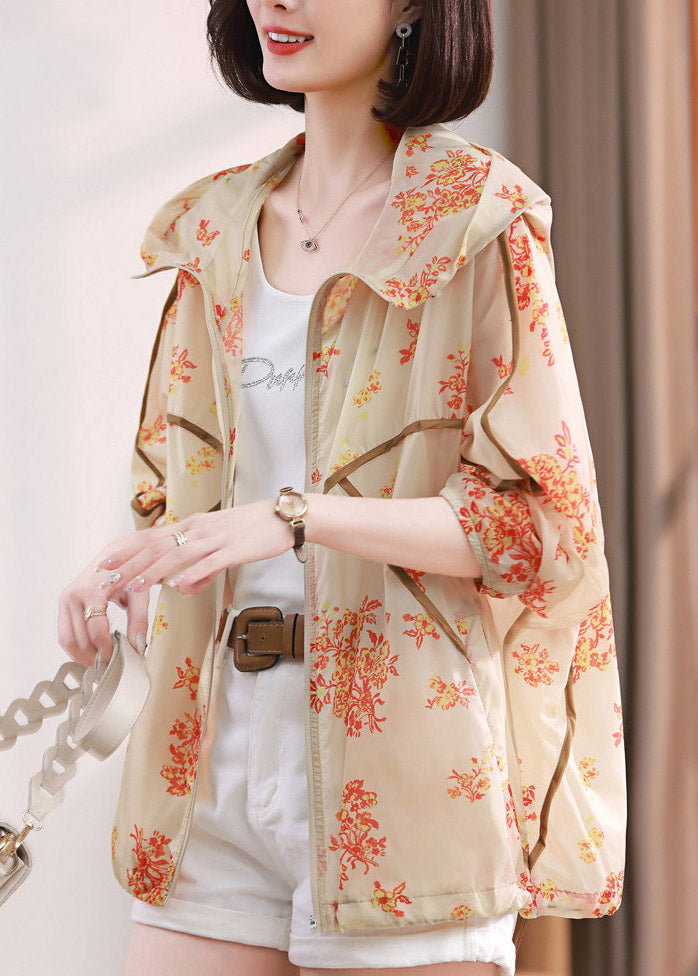 Fashion Beige Print Pockets Hoodie UPF 50+ Coat Jacket Spring