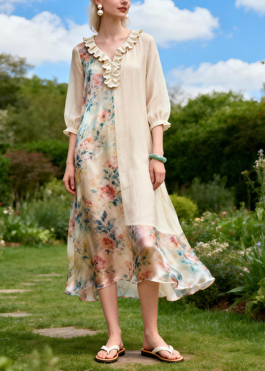 Fashion Beige Ruffled Patchwork Chiffon Long Dresses Summer