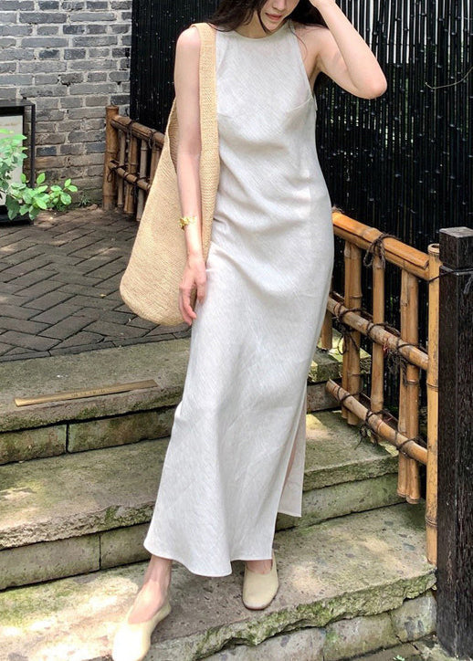Fashion Beige Side Open Linen Ankle Dress Summer