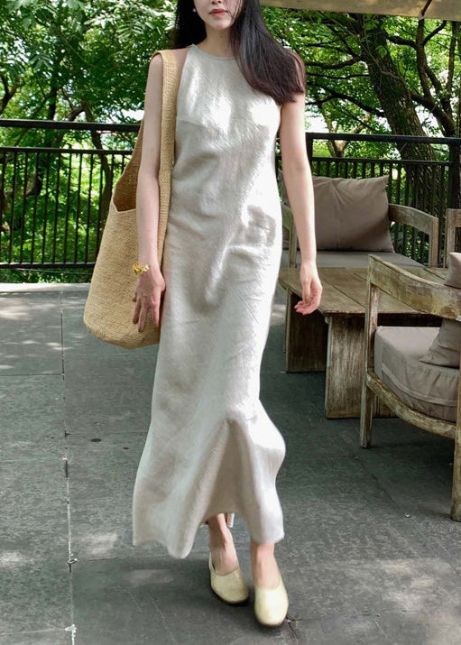 Fashion Beige Side Open Linen Ankle Dress Summer