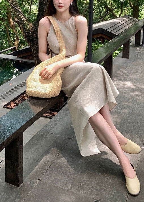 Fashion Beige Side Open Linen Ankle Dress Summer