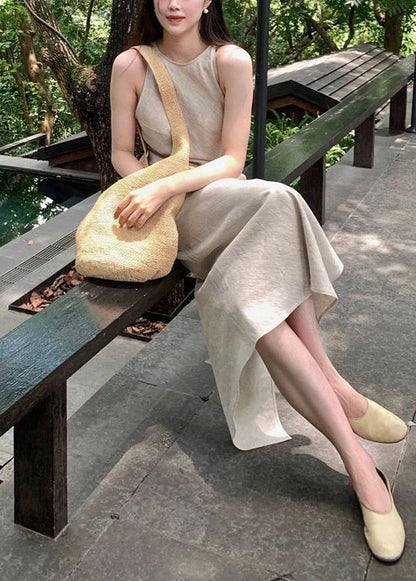Fashion Beige Side Open Linen Ankle Dress Summer