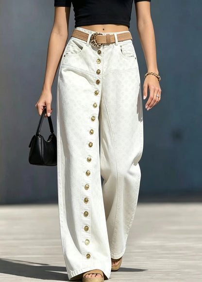 Fashion Beige Single Row Buttons High Waist Jacquard Denim Pants Fall